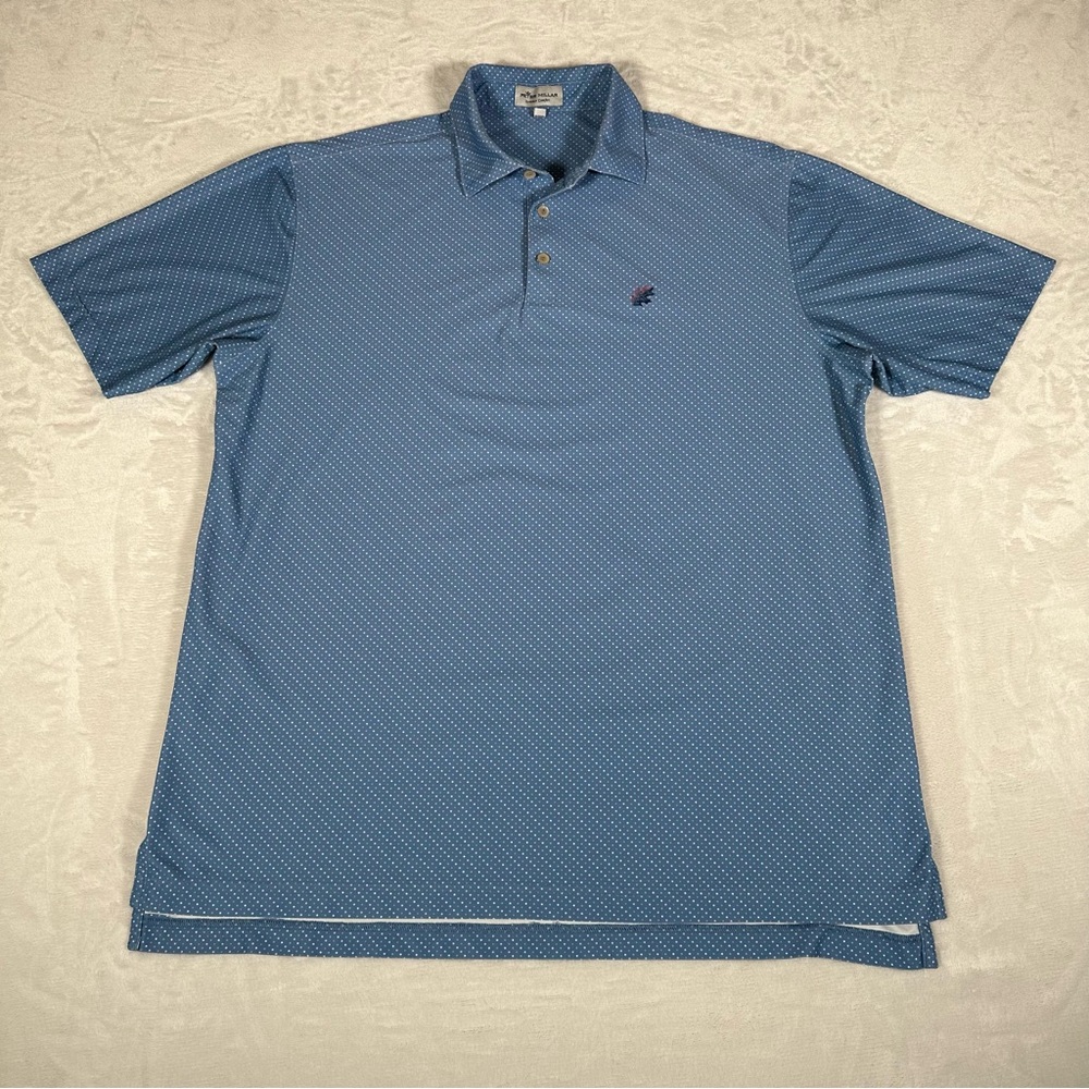 Peter Millar Polo Shirt Men Size L Blue Polka Dots Short Sleeve Summer Comfort